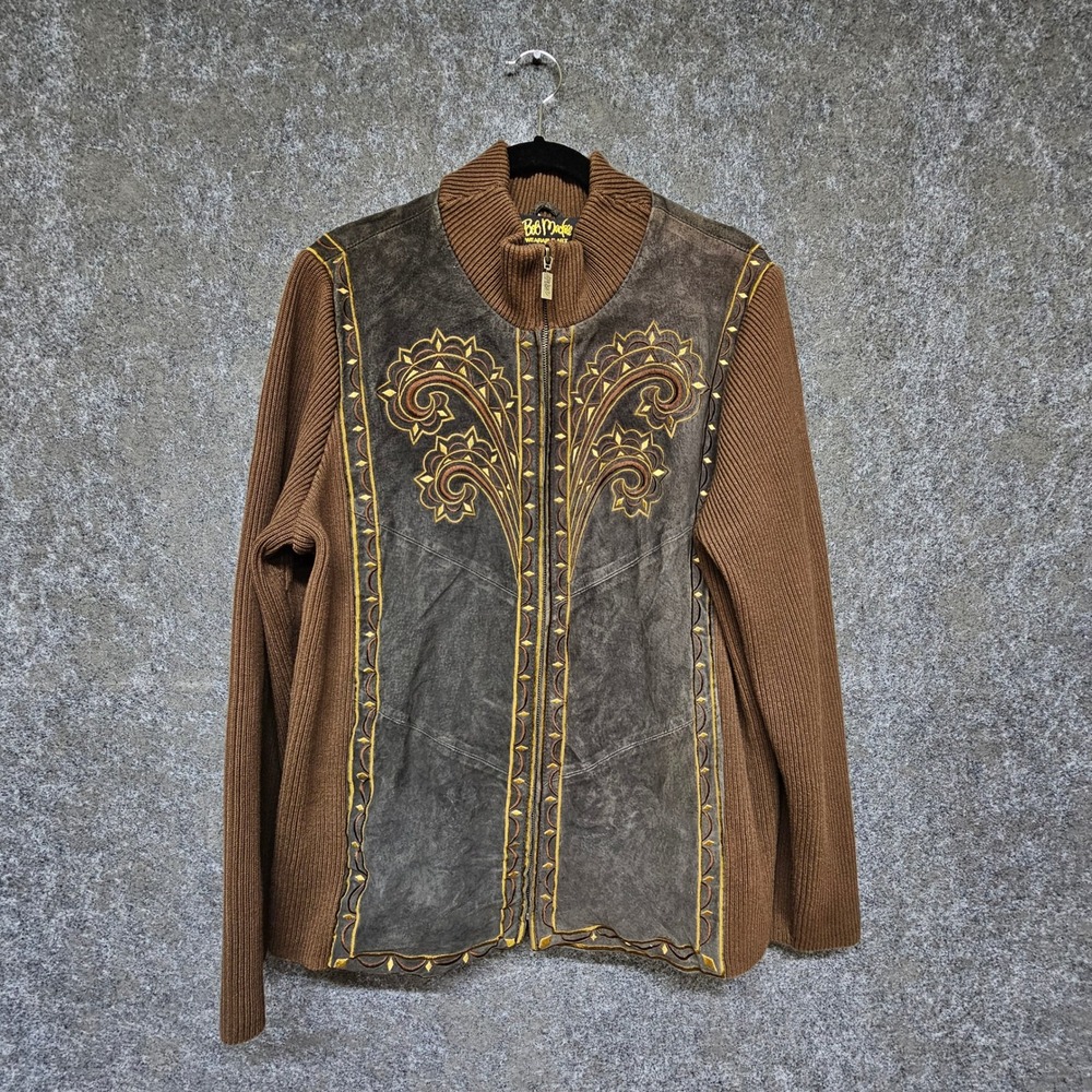 Bob Mackie Wearable Art Leather & Knit Embroidered Zip Up Jacket, Brown, XL
